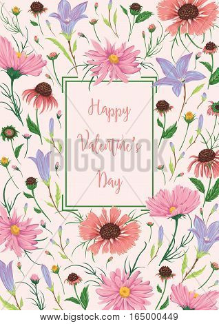 Happy valentines day. Greeting card with bluebells and chamomile flowers. Rustic romantic floral background. Vintage vector botanical illustration in watercolor style.