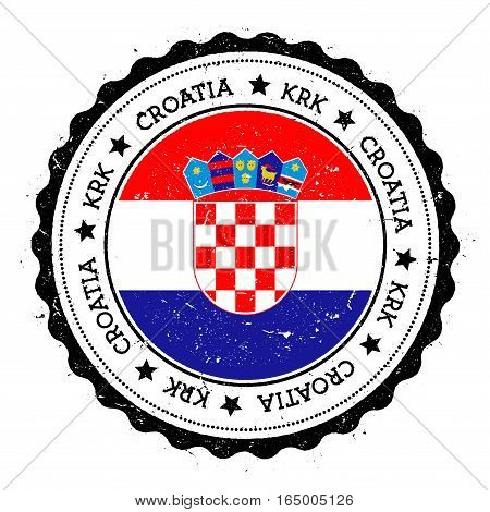 Krk Flag Badge. Vintage Travel Stamp With Circular Text, Stars And Island Flag Inside It. Vector Ill