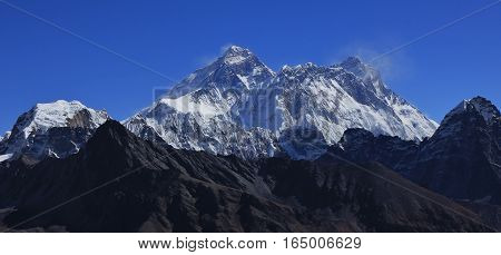 View from Renjo La mountain pass. Mount Everest and Lhotse.