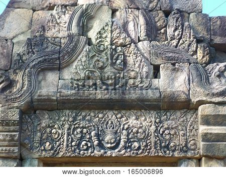 Gorgeous ancient art on the door lintel and tympanum of Prasat Hin Muang Tam Shrine, Buriram Province of Thailand