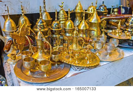 The traditional arabic coffe sets with traditional coffe pot - dallah are the popular souvenirs Jerusalem Israel.
