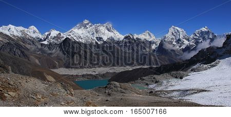Turquoise Gokyo lake. Ngozumpa glacier. Mount Everest Lhotse Cholatse and other high mountains in the Everest National Park. View from Renjo La mountain pass.