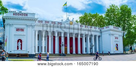 ODESSA UKRAINE - MAY 17 2015: The huge cityhall building is a pearl of the city architecture on May 17 in Odessa.