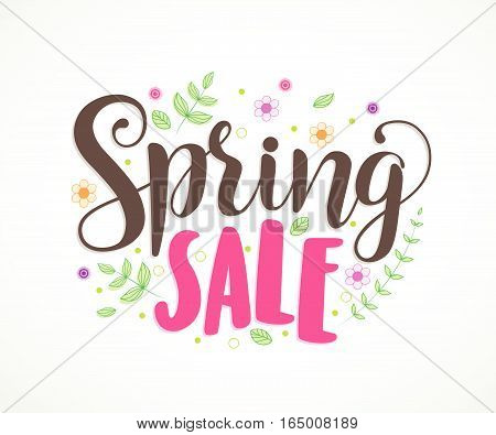 Spring sale text vector typography banner design with colorful flowers and leaves elements in white background for spring discount promotion. Vector illustration.