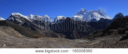 View from Renjo La mountain Pass. Mount Everest Lhotse and other high mountains.