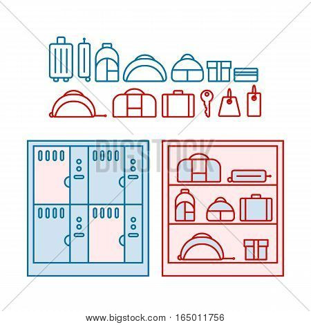 Baggage storage. Pointer With Luggage Suitcase Traveling Bag or Baggage Shop Sign Isolated on White Background.