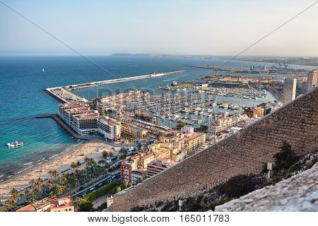 View on Alicante old city and port from castle Santa Barbara