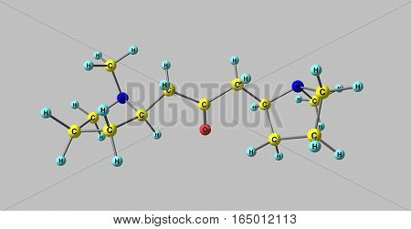 Cuscohygrine is a pyrrolidine alkaloid found in coca. Cuscohygrine usually occurs along with other more potent alkaloids such as atropine or cocaine. 3d illustration