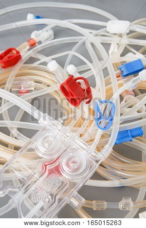 Bloodline tubes of hemodialysis machine. Health care blood purification kidney failure transplantation medical equipment concept.