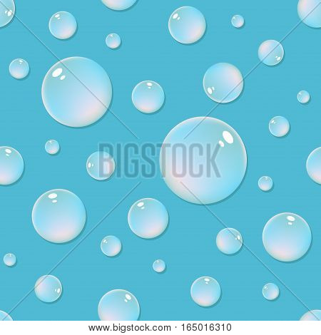 Raster seamless pattern of iridescent bubbles on the turquoise background.