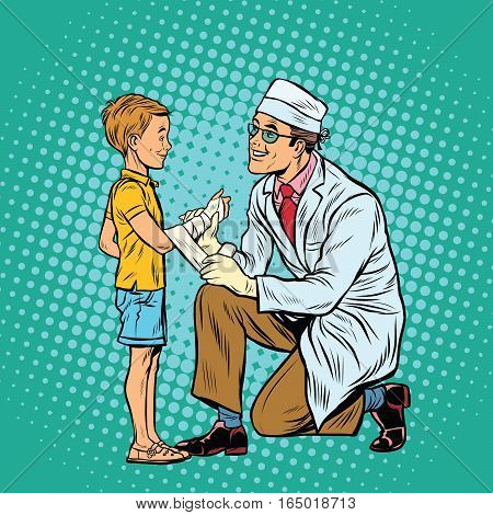 Retro doctor bandaging boy injured arm. Pop art retro vector illustration