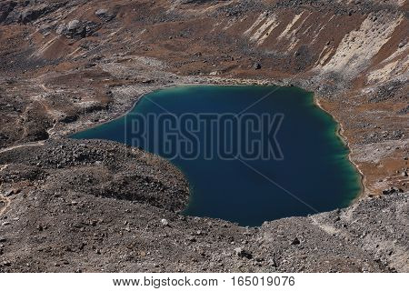 Lake near Renjo La mountain pass Everest National Park Nepal. Lake Angladumba Tsho.