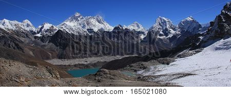 View from Renjo La mountain pass. Gokyo lake and Ngozumpa glacier. Mount Everest Lhotse Cholatse and other high mountains of the Himalayas.