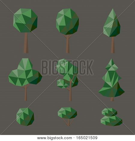 Set polygonal deciduous and coniferous trees and bushes - vector