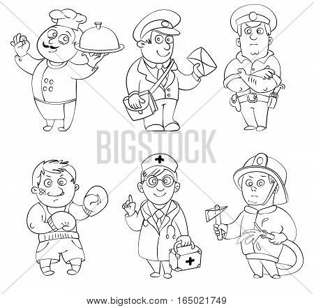Professions.Cook, postman, policeman, boxer, doctor, fireman. Coloring book. Vector illustration. Isolated on white background