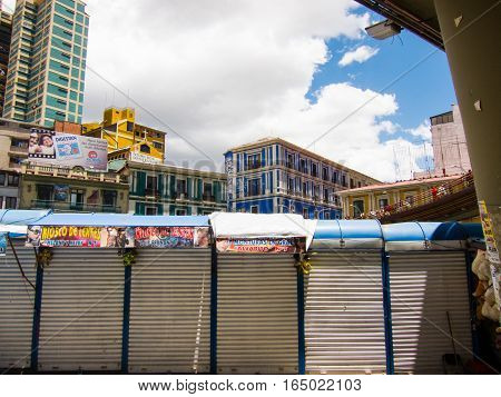Closed stalls in La Paz Bolivia on a sunny day