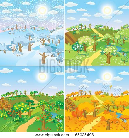 Seasons in the countryside. Beautiful natural landscapes at different time of the year - winter spring, summer, autumn Vector illustration