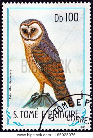 SAO TOME AND PRINCIPE - CIRCA 1983: a stamp printed in Sao Tome and Principe shows Sao Tome Barn Owl Tyto Alba Thomensis Endemic Bird circa 1983