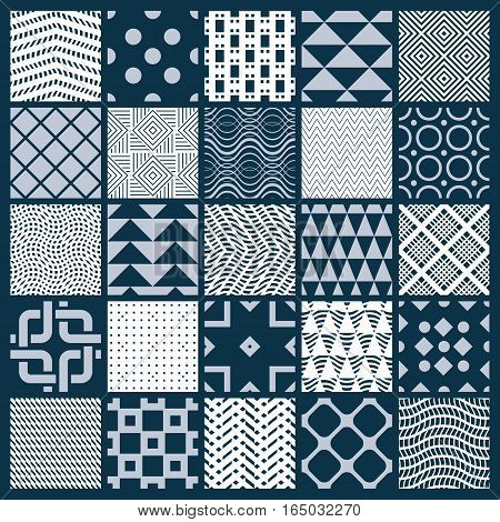 Vector ornamental black and white seamless backdrops set geometric patterns collection. Ornate textures made in modern simple style.