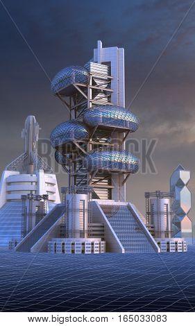 3D Illustration of futuristic city architecture with ovoid glass structures, for fantasy or science fiction backgrounds