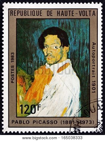 BURKINA FASO - CIRCA 1983: a stamp printed in Burkina Faso shows Self-portrait Painting by Pablo Picasso Spanish Painter circa 1983