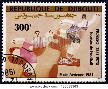 DJIBOUTI - CIRCA 1981: a stamp printed in the Djibouti shows Football Players Painting by Pablo Picasso Spanish Painter circa 1981