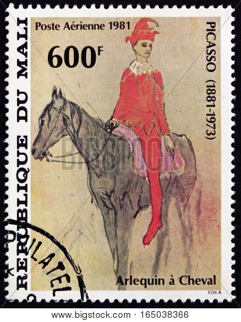 MALI - CIRCA 1981: a stamp printed in Mali shows Harlequin on Horseback Painting by Pablo Picasso Spanish Painter circa 1981