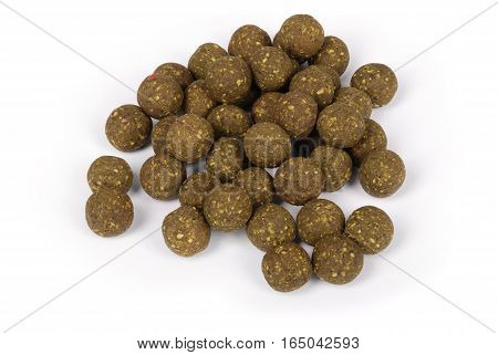 Close up view of fishing baits for carp. Accessories for carp fishing isolated on white background. Photo with clipping path