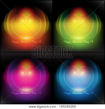 Abstract vector banner set of 4. Design elements for Valentine's Day cards. Heart of two Fibonacci Spiral. Isolated with realistic light and shadow on the dark panel. Vector illustration. Eps10.