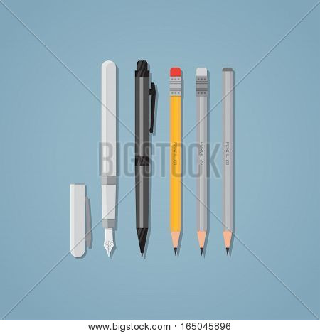 Set of office writing items. Black ball pen and nib. Wooden pencils with erasers. Flat style illustration.