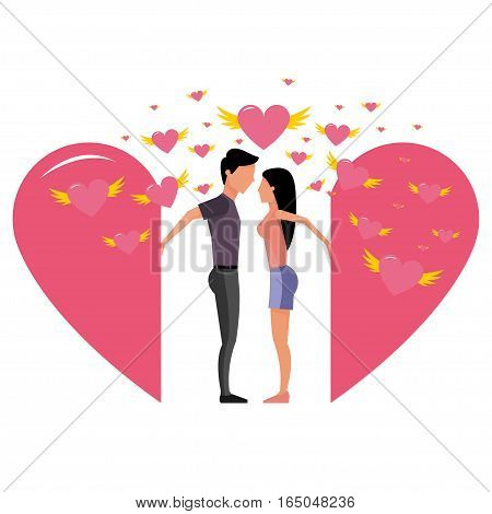 Valentine's day. Guy and girl looking at each other. The love between the two. Vector illustration isolated on white background.