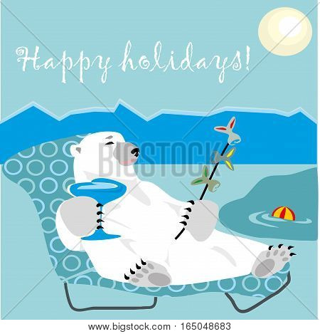 Happy holidays card with polar bear with coctail and kebab fish