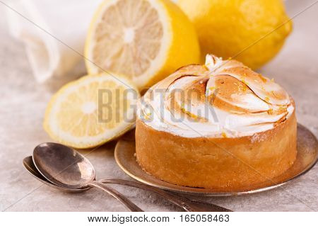 Brazilian lemon tart pie with fresh fruit. Selective focus