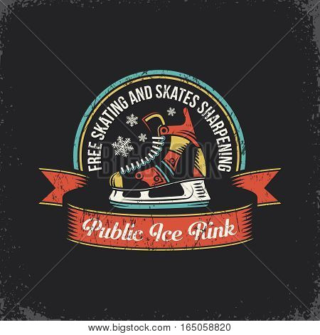 Retro logo ice skating rink with skate and vintage ribbon. Layered vector illustration - grunge texture text background separately and can be easily disabled.