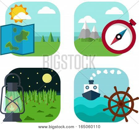Set of flat icons. Map compass oil lamp and a steering wheel on the background of mountains trees sky sun moon stars ship sea.