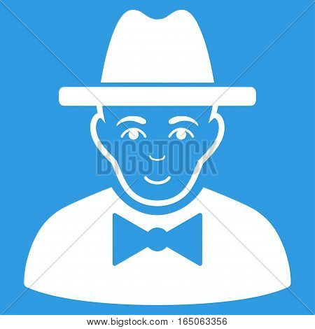 Spy vector icon. Flat white symbol. Pictogram is isolated on a blue background. Designed for web and software interfaces.