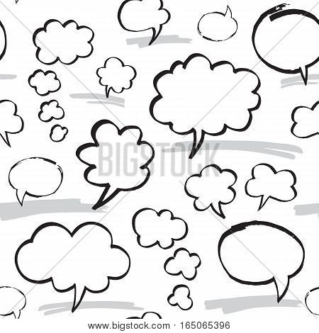 Seamless pattern with speech bubbles and thought clouds. Black and white colors. Hand drawn by felt pen vector repeating background.