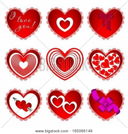 Nine of hearts in different design. Gift for Valentine s day. Vector illustration