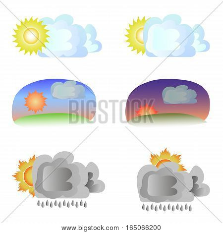 Six variants of weather - sun and clouds. Cloudy day, evening, sunset, rain