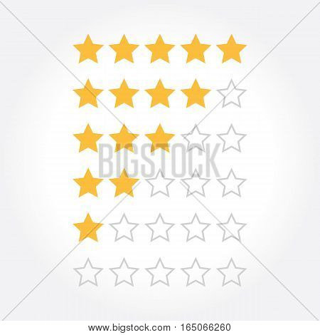 Stars rating design elements. Kit of star shapes for ranking interface. Set of voting symbols from zero to five points. Vector illustration in flat style.