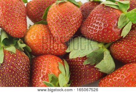 Many ripe appetizing red strawberries with green leaves as background closeup