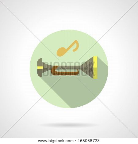 Musical tube symbol with single note. Brass and woodwind music instruments - trumpet, bugle, trombone and other. Element of symphonic orchestra. Round flat design vector icon.