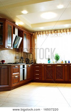 Wooden kitchen furniture in the modern house