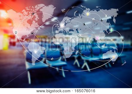Abstract Blurred Airport Terminal Interior With World Map Of Flight Routes Airplanes Network. Global