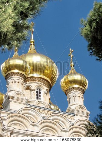 The gold domes of Russian Orthodox Church of Saint Maria Magdalena in Jerusalem Israel January 13 2008