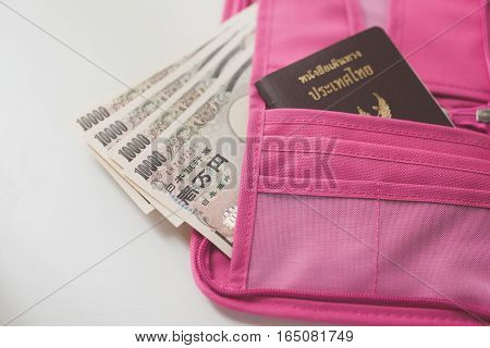 Close up of Passport and currency in pink wallet
