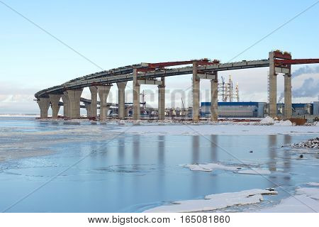 Construction of the new section of Western High-Speed Diameter over the Gulf of Finland. Saint-Petersburg