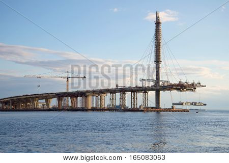 Installation of the last flight of the Western High-Speed Diameter Ring Road over the Gulf of Finland. Saint-Petersburg