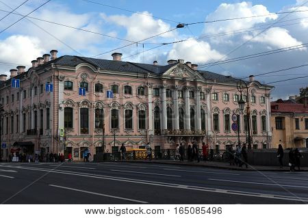 Saint-Petersburg, Russia - September 30, 2016:The Stroganov Palace is a Late Baroque palace at intersection of the Moika River and Nevsky Prospect in September 30, 2016 in Saint-Petersburg, Russia