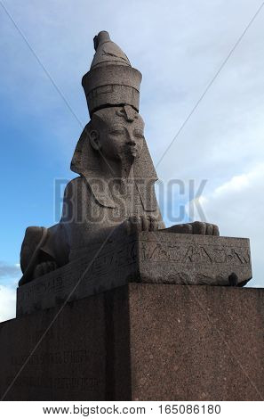 Saint-Petersburg, Russia - September 30, 2016:Sphinx (Pharaoh Amenhotep sculpture from Thebes, Egypt) at Academy of Arts on the University embankment in September 30, 2016 in St. Petersburg, Russia.